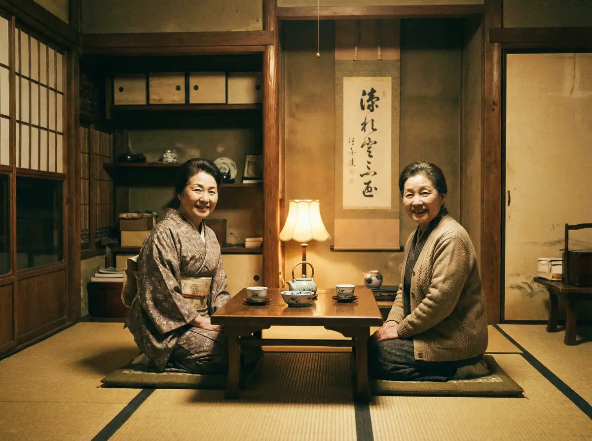 两位优雅的 黑料 在日式茶室中品茶交谈